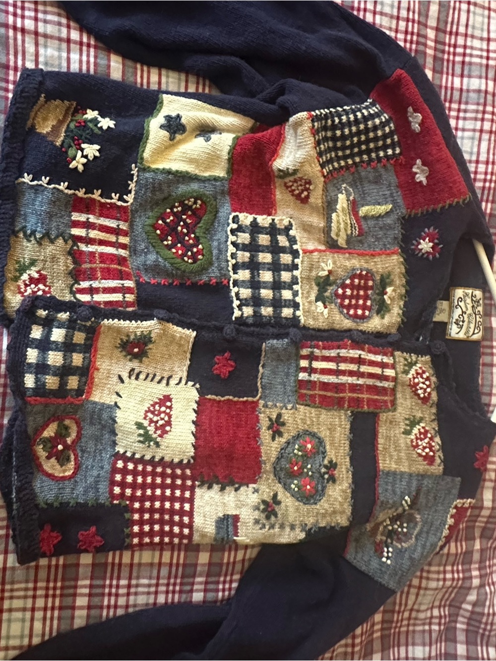 Patchwork Embroidered Cardigan Sweater - Navy, Red, Cream